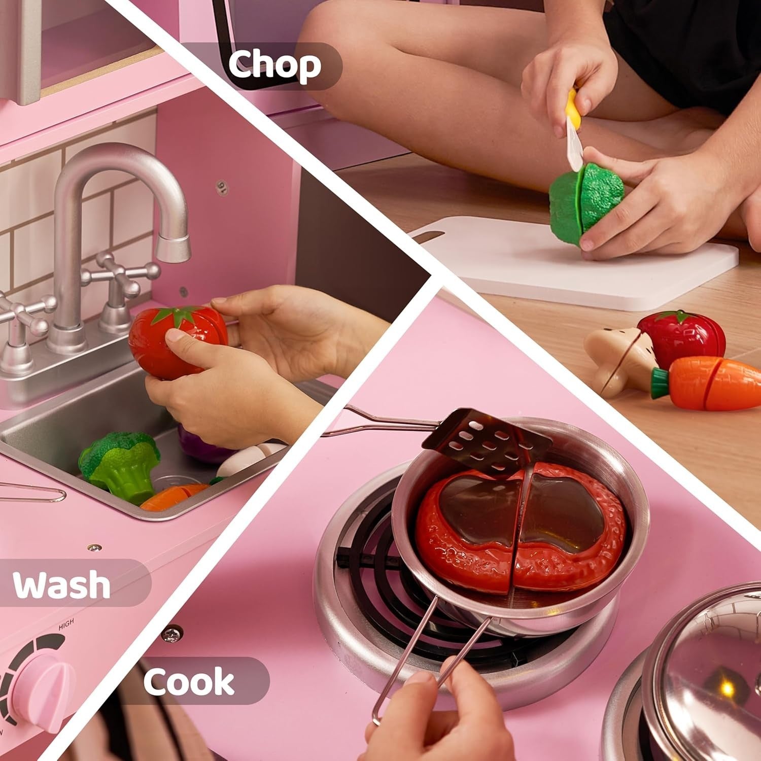 Large Wooden Kids Play Kitchen w/ Lights Sounds Ice Maker Pink