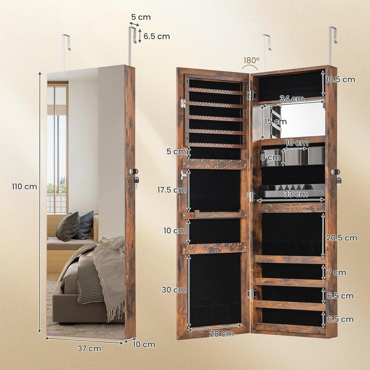 Rustic Brown Wall Door Jewelry Armoire Lockable Full Length Mirror