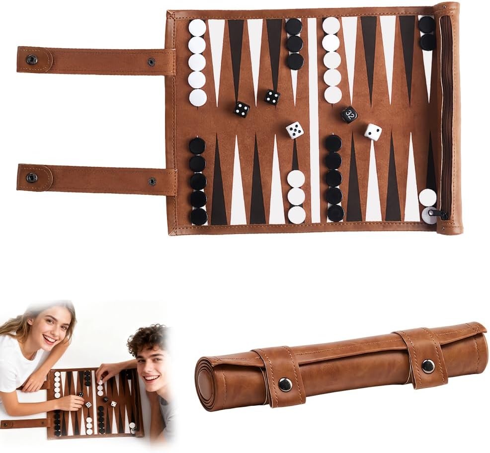 Luxury Leather Backgammon Set Roll Up Travel Board Game Portable