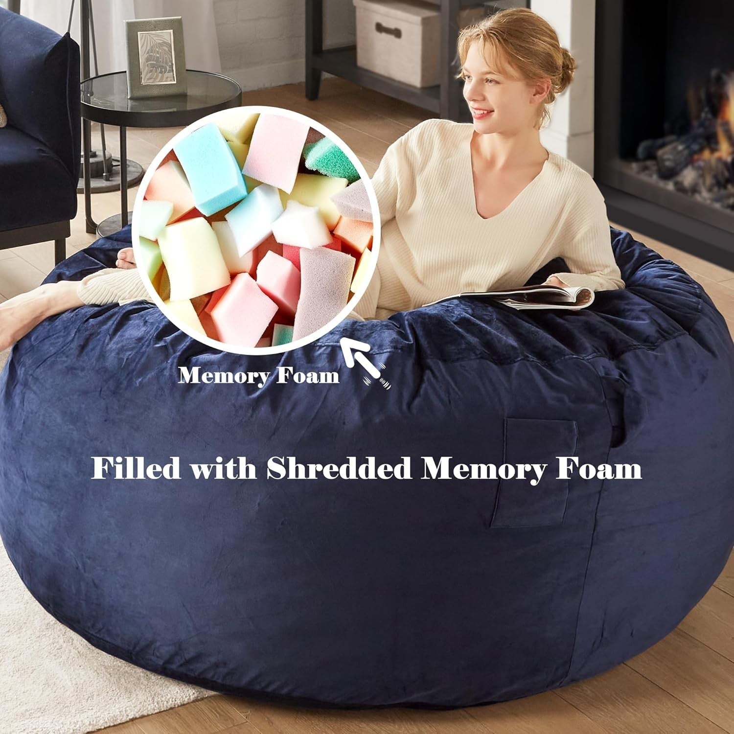 Large 4FT Memory Foam Bean Bag Chair with Removable Cover for Gaming & Relax