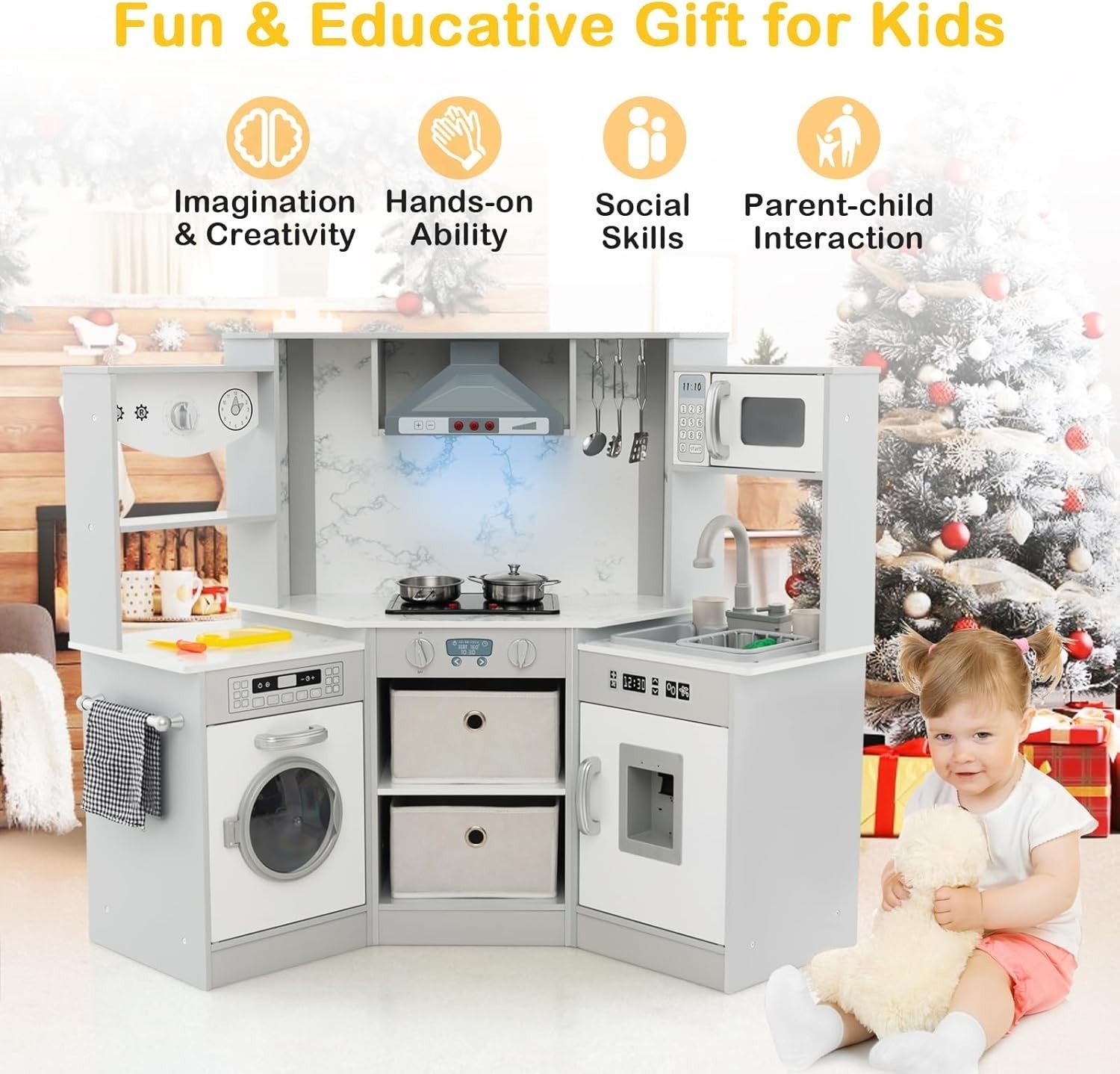 Corner Kids Play Kitchen Gray w/ Lights Sounds Running Water Set