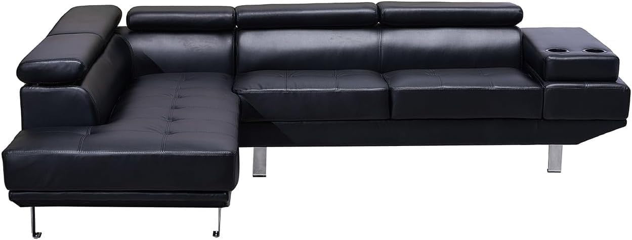 Black Bonded Leather Corner Sofa | Adjustable Headrests + Cup Holder