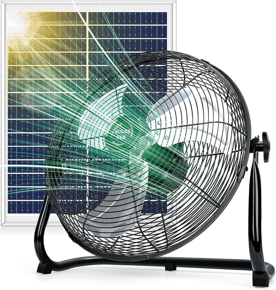 16-Inch Solar Floor Fan – 30W Panel 20,000mAh Rechargeable 18-Speed Cooling Tilt