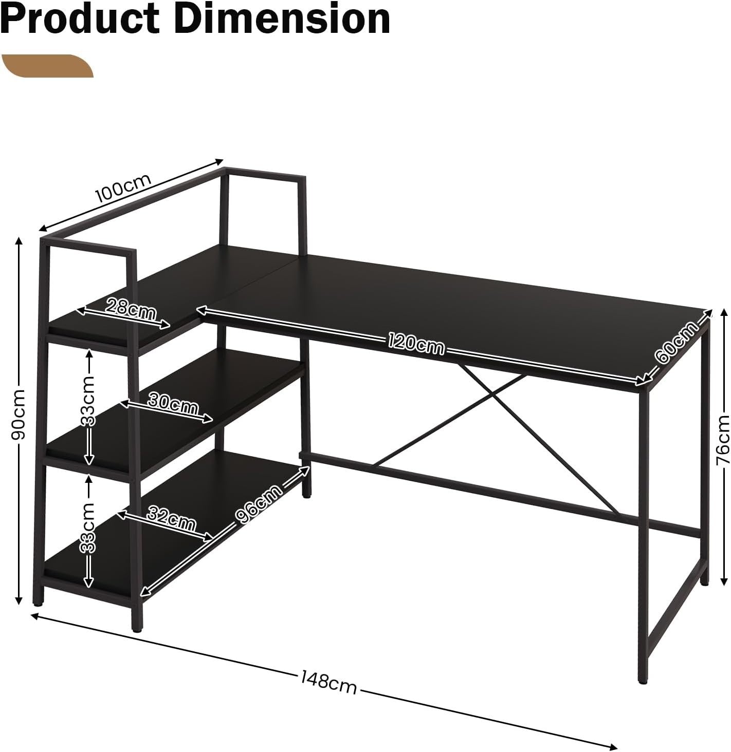 Modern Black L-Shaped Computer Desk w/Reversible Shelves & Metal Frame