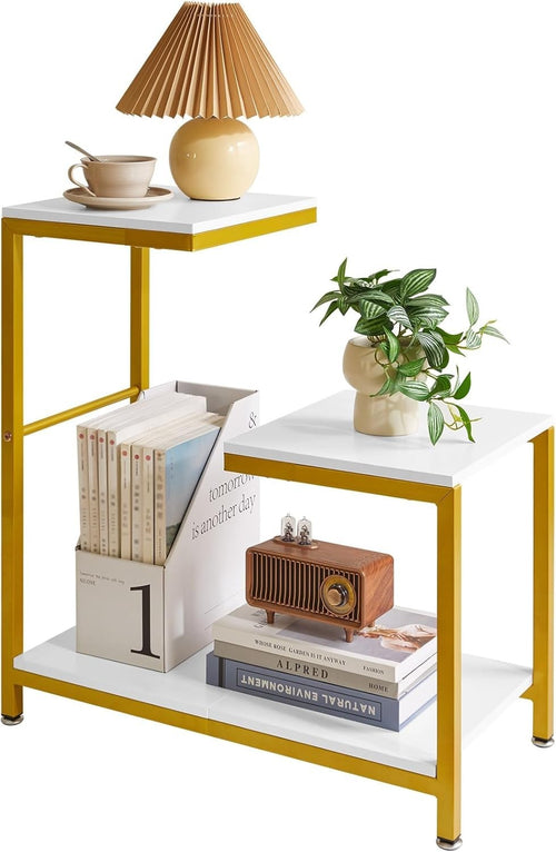 White G-Shaped Side Table 29x60x63.5 cm | Small End Table w/ 3-Tier Storage