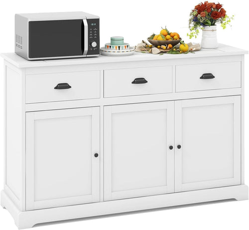 White Large Sideboard Buffet Cabinet with 3 Drawers & Adjustable Shelves