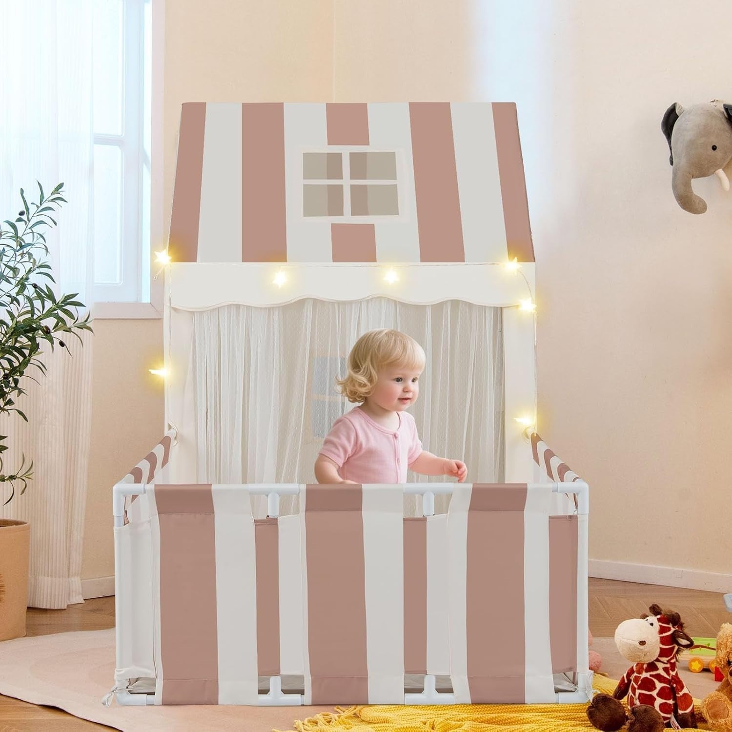 Kids Play Tent Beige Coffee Castle with Lights Mat Indoor Toddler Playhouse