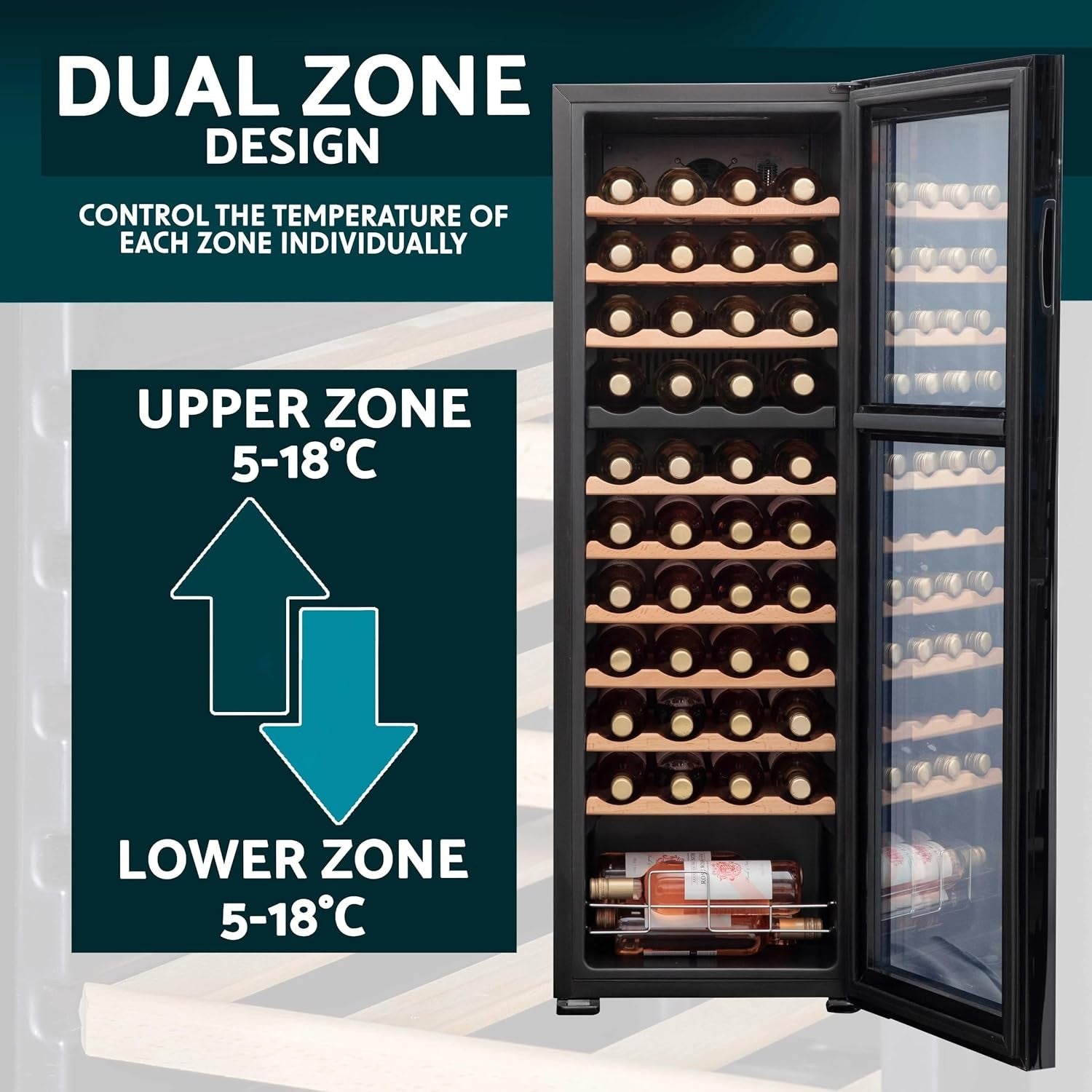 44 Bottle Dual Zone Wine Cooler Fridge Touch Screen LED Glass Door Black