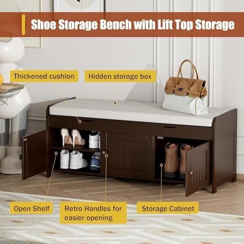 Espresso Shoe Storage Bench with Cushion Seat 3-Door Cabinet, Hidden Compartment
