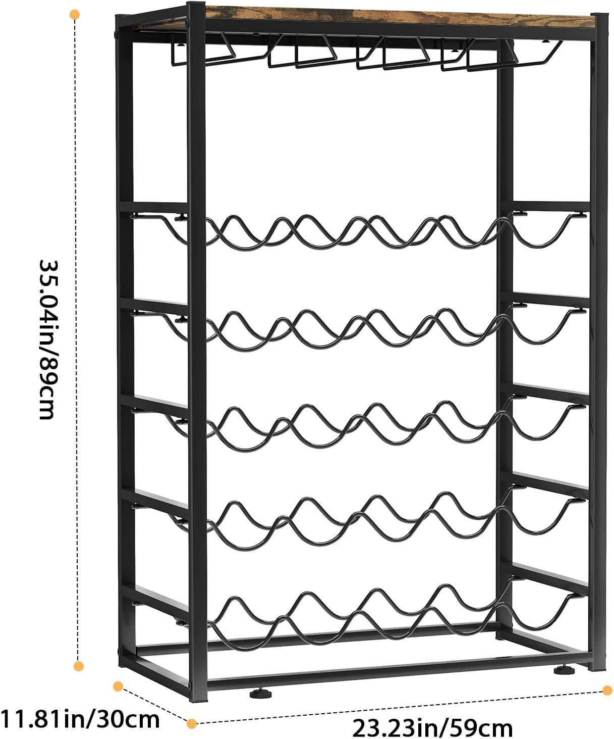 5-Tier Wine Rack Stand for 25 Bottles & 12 Glasses with Wooden Top – Metal