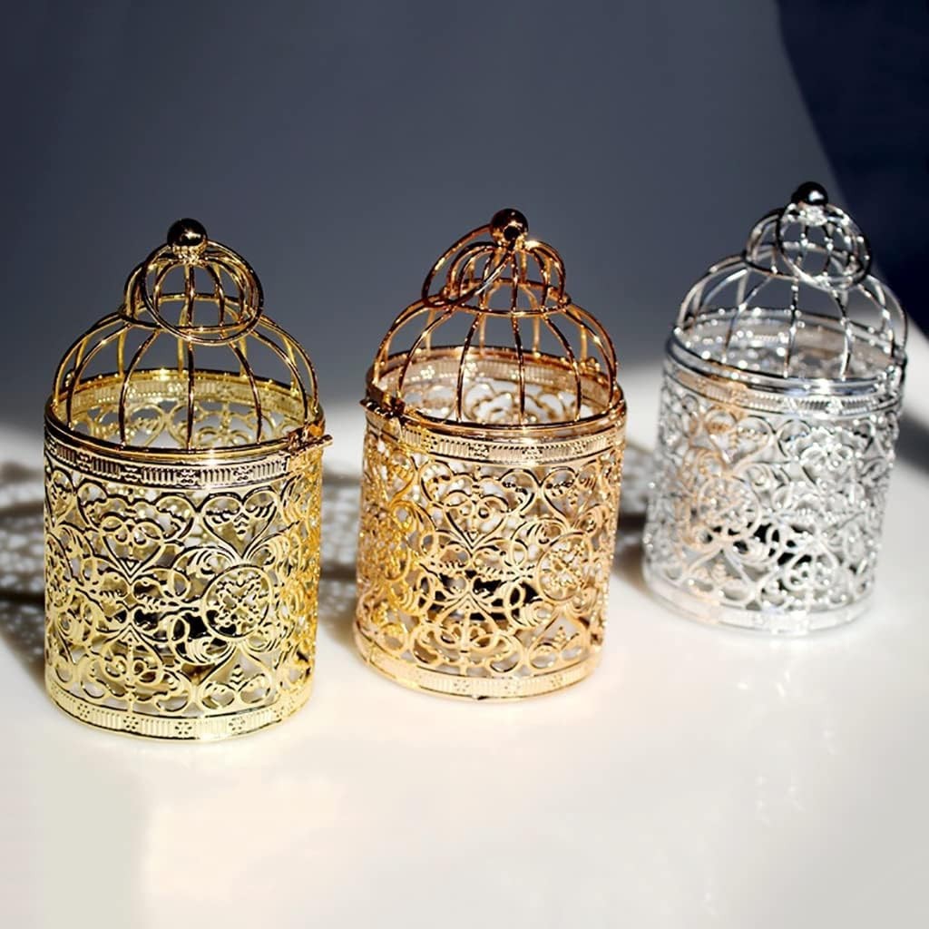 Decorative Hanging Lantern – Bird Cage Metal Candle Holder (B Rose Gold)