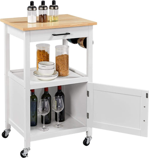 Rolling Kitchen Trolley Cart with Drawer, Cabinet & Lockable Wheels, White