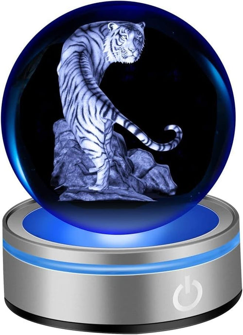 3D Tiger Crystal Ball LED Light • Laser Engraved White Tiger Ornament