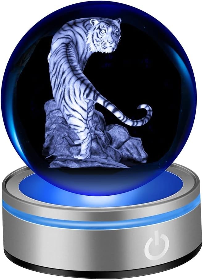 3D Tiger Crystal Ball LED Light • Laser Engraved White Tiger Ornament
