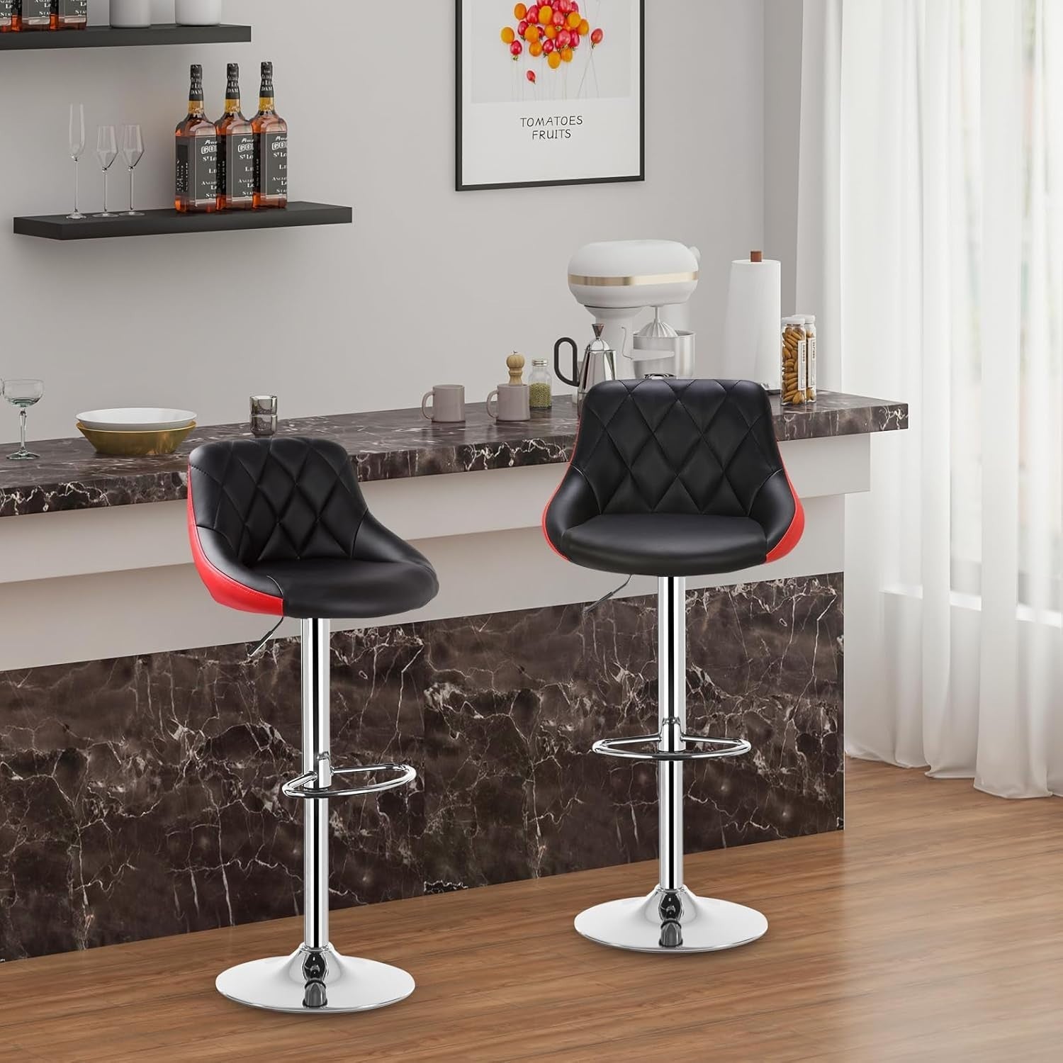 Black+Red Swivel Bar Stool – Adjustable PU Leather Seat with Footrest