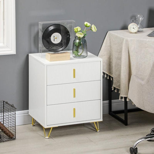 Modern White 3 Drawer Dresser with Gold Legs & Handles Bedroom Storage