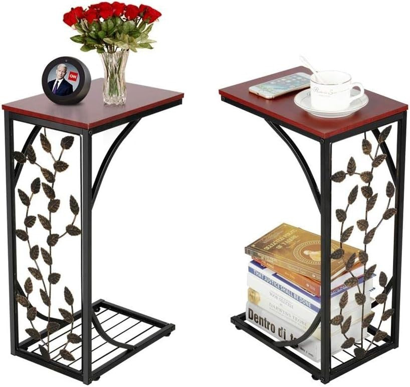 C-Shaped Side Table Set of 2 | Small Sofa End Table w/ Storage Shelf