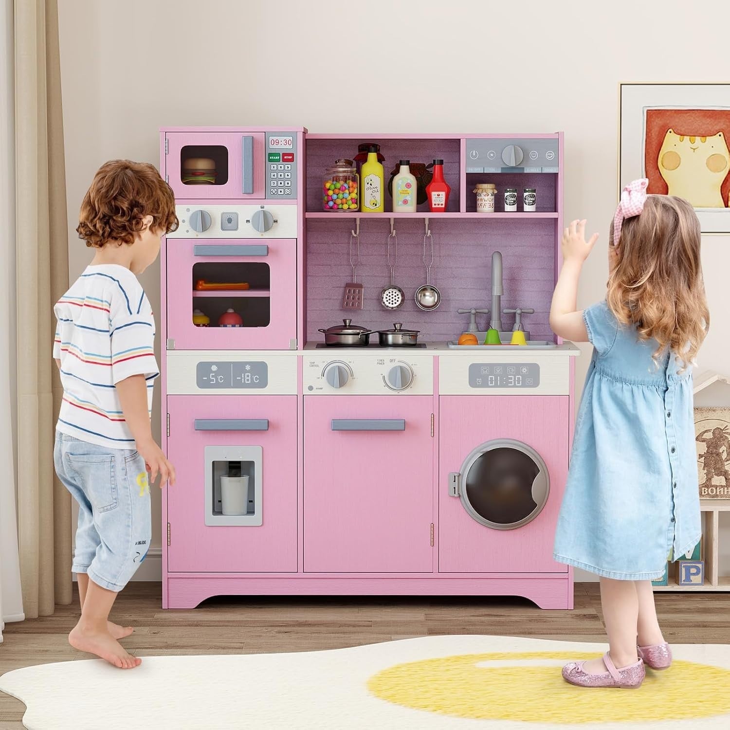 Pink Kids Wooden Play Kitchen Lights Sounds Washer Coffee Toy