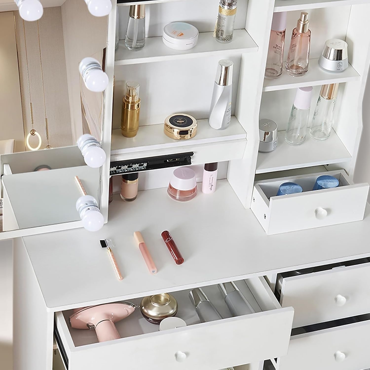White Dressing Table Vanity Desk with Lighted Mirror 6 Drawers & Stool