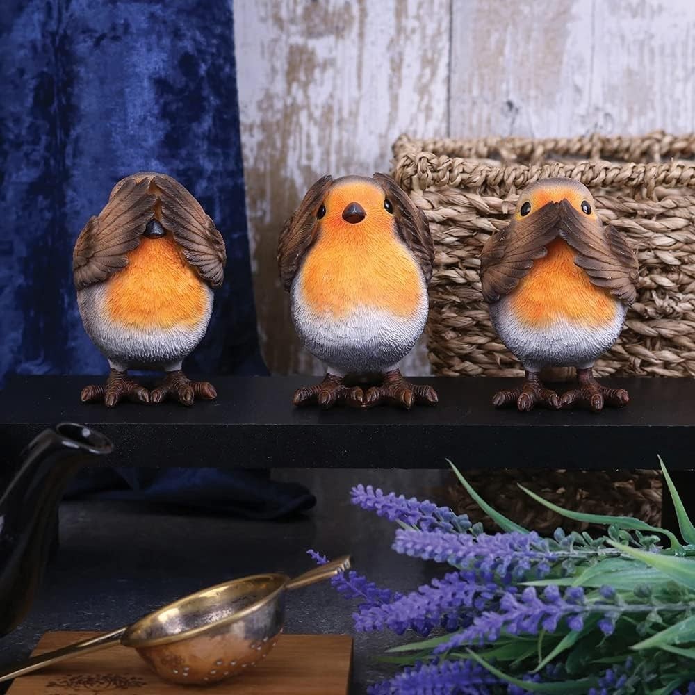 Three Wise Robin Figurines Resin 8cm Cute Bird Ornament Set Home Decor Gift