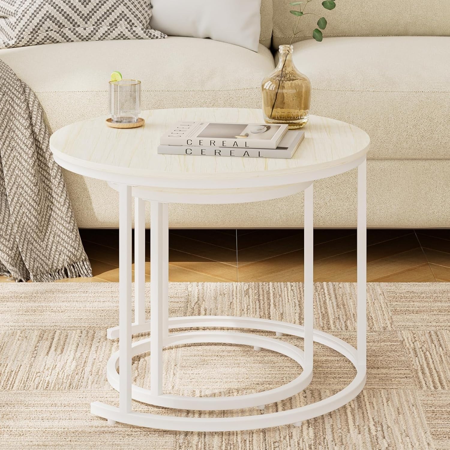 Nest of 2 Coffee Tables Set, Modern Round End Side Sofa Table, Oak/White