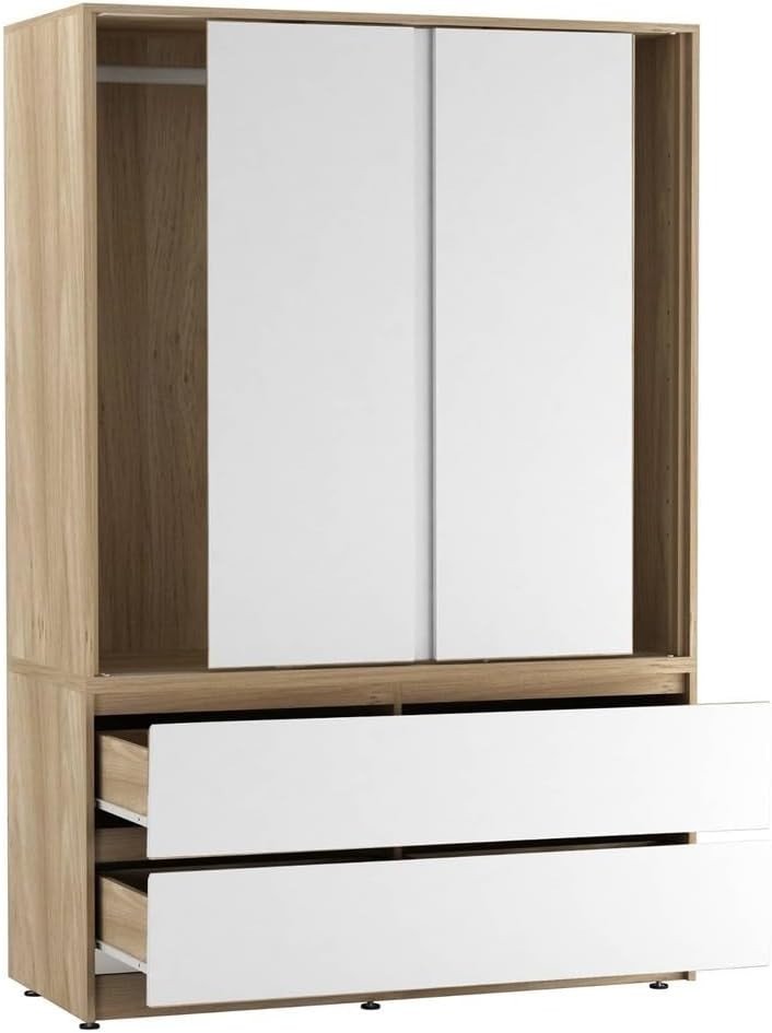 Sliding Door Wardrobe with Drawers Hanging Rail Storage Oak White