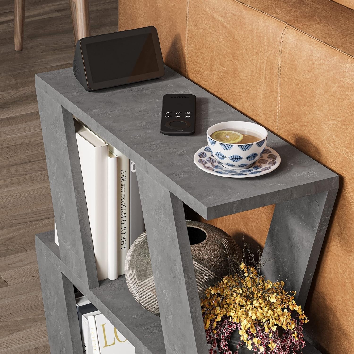 Slim 2 Tier Narrow Side Table with Storage | Grey Modern End Table 60cm