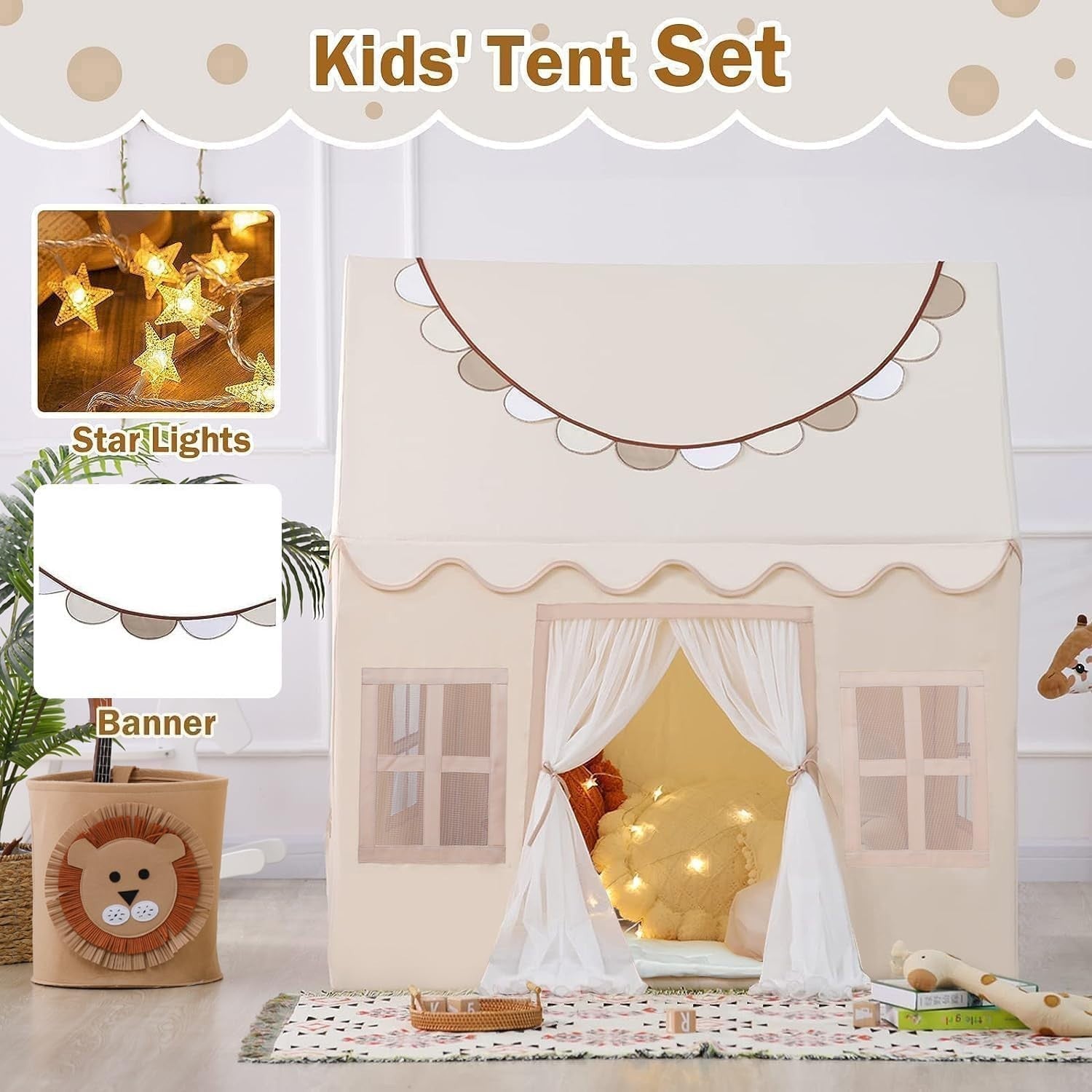 Kids Indoor Play Tent w Lights Banners Windows Large Toddler Playhouse