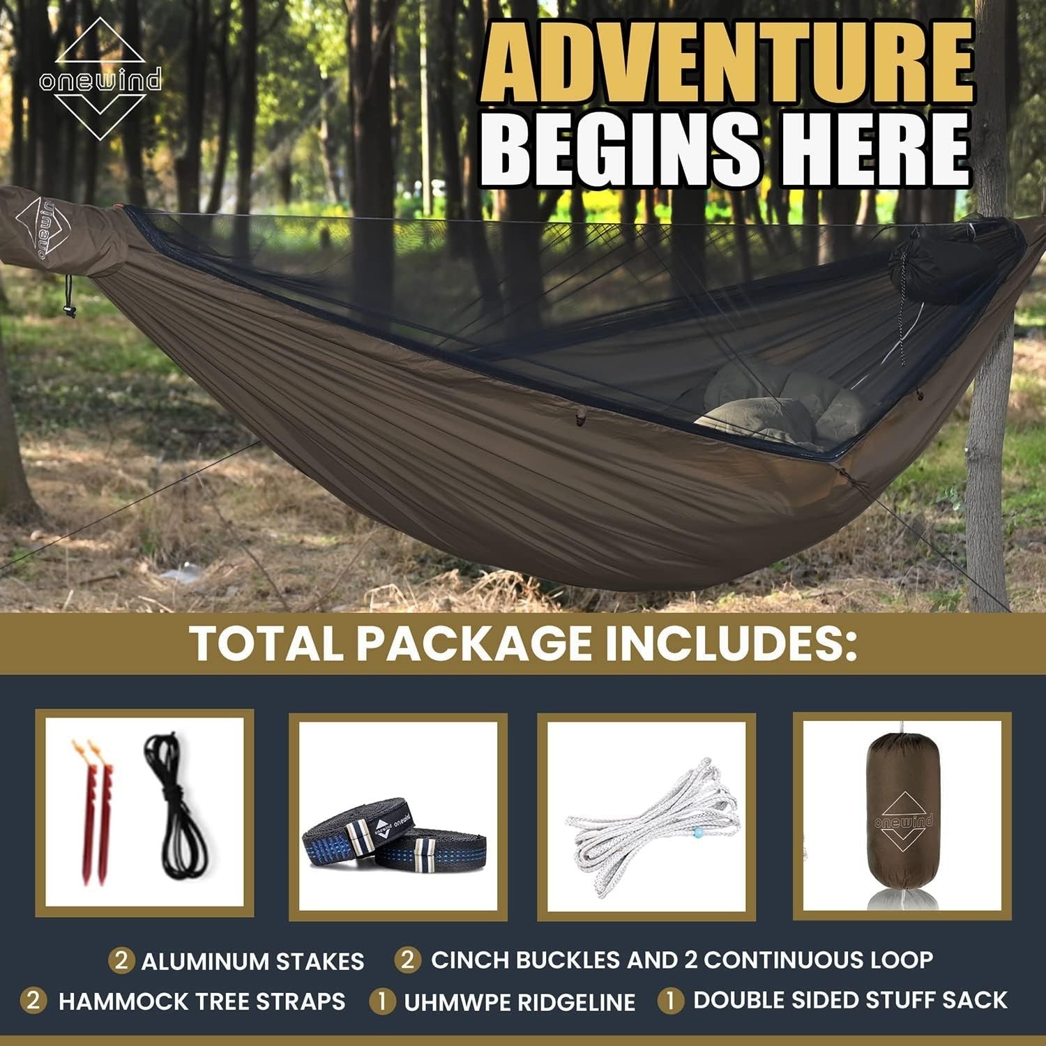 Lightweight Double Camping Hammock with Mosquito Net & Adjustable Ridgeline