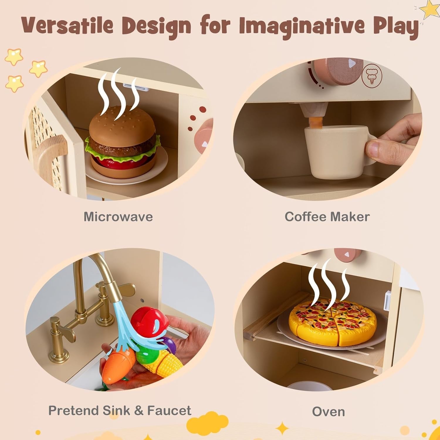 Kids Wooden Play Kitchen w/ Lights Sounds Ice Maker Yellow