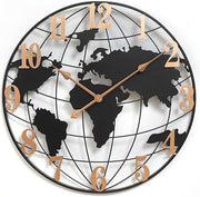 23" Large World Map Wall Clock Modern Silent Metal Black Gold Home Decor