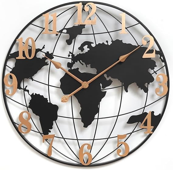 23" Large World Map Wall Clock Modern Silent Metal Black Gold Home Decor