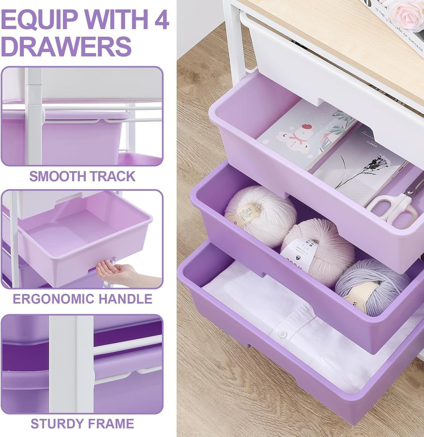 4 Drawer Rolling Storage Cart Mobile Organizer Utility Trolley Purple