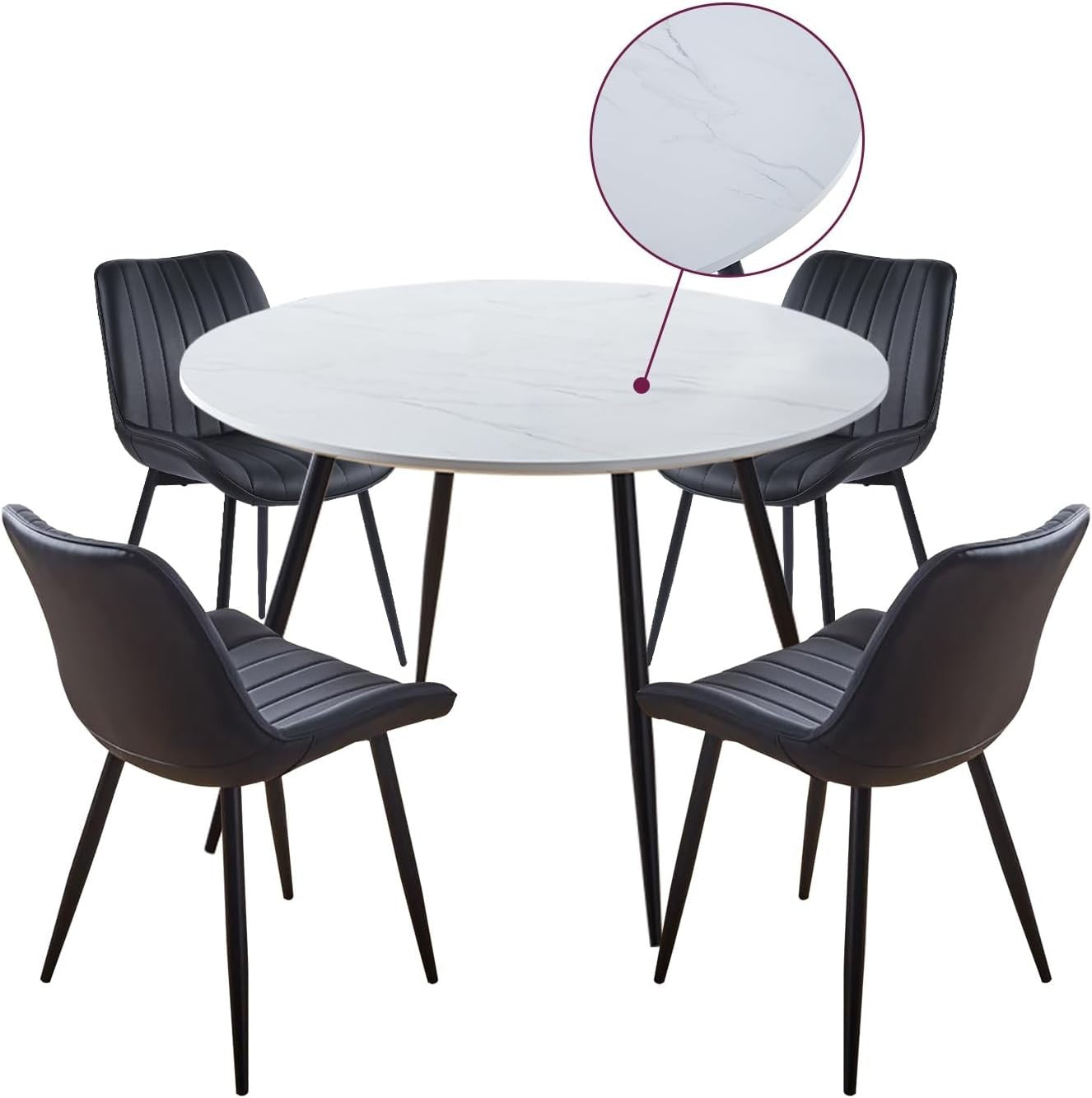 Round Dining Table Set 4 Chairs Black Bonded Leather Modern Kitchen