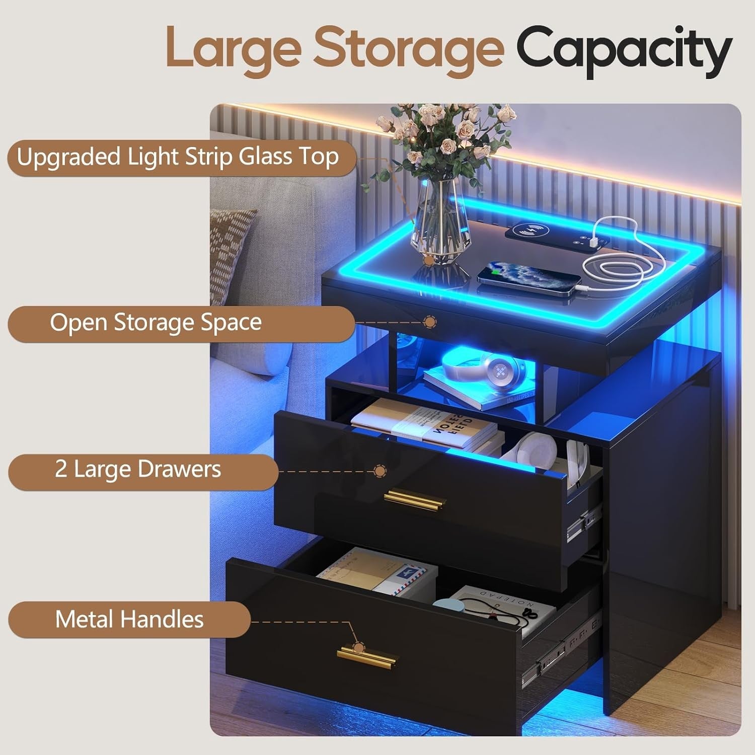 Set of 2 Black LED Bedside Tables with Wireless Charging, Glass Top & Drawers