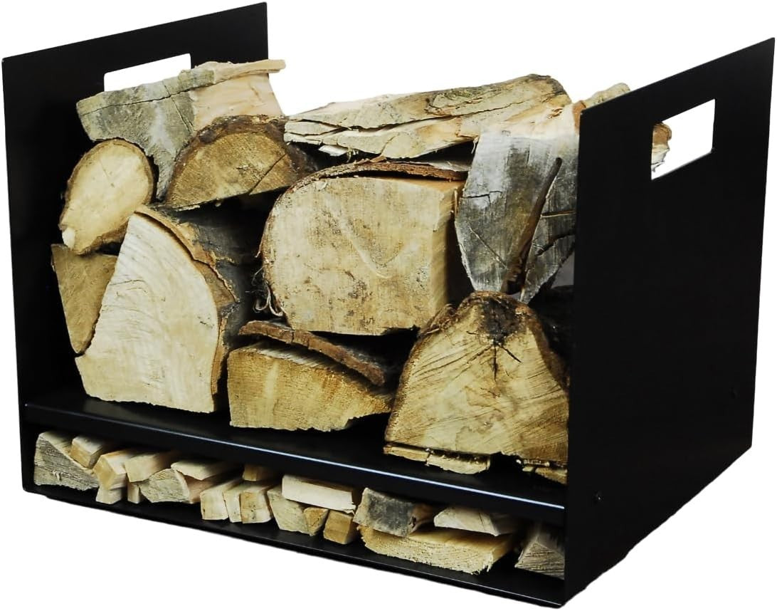 Wide Steel Firewood Log Basket with Shelf 40x32x30cm Sturdy Wood Storage