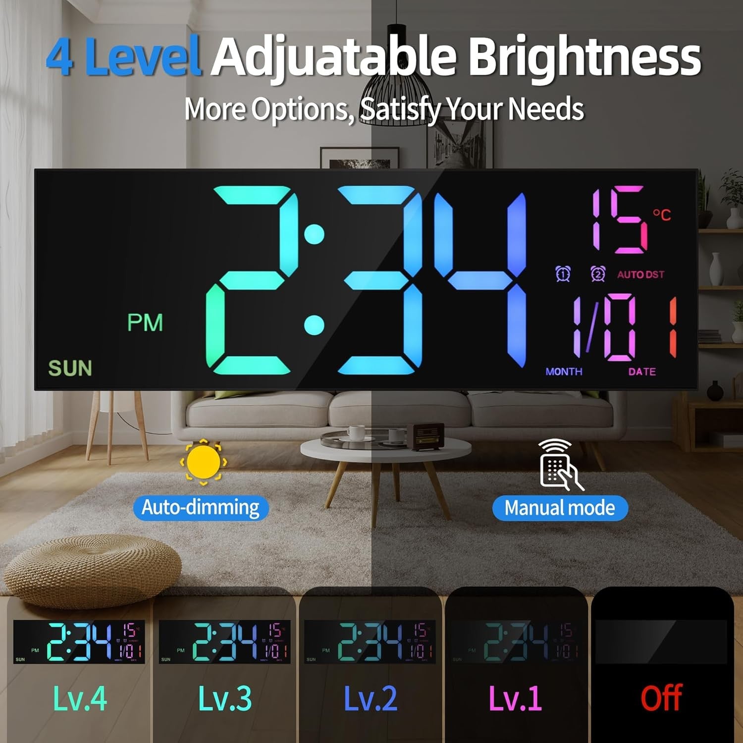 Black 16.5'' Large LED Digital Wall Clock RGB Remote Temperature Display