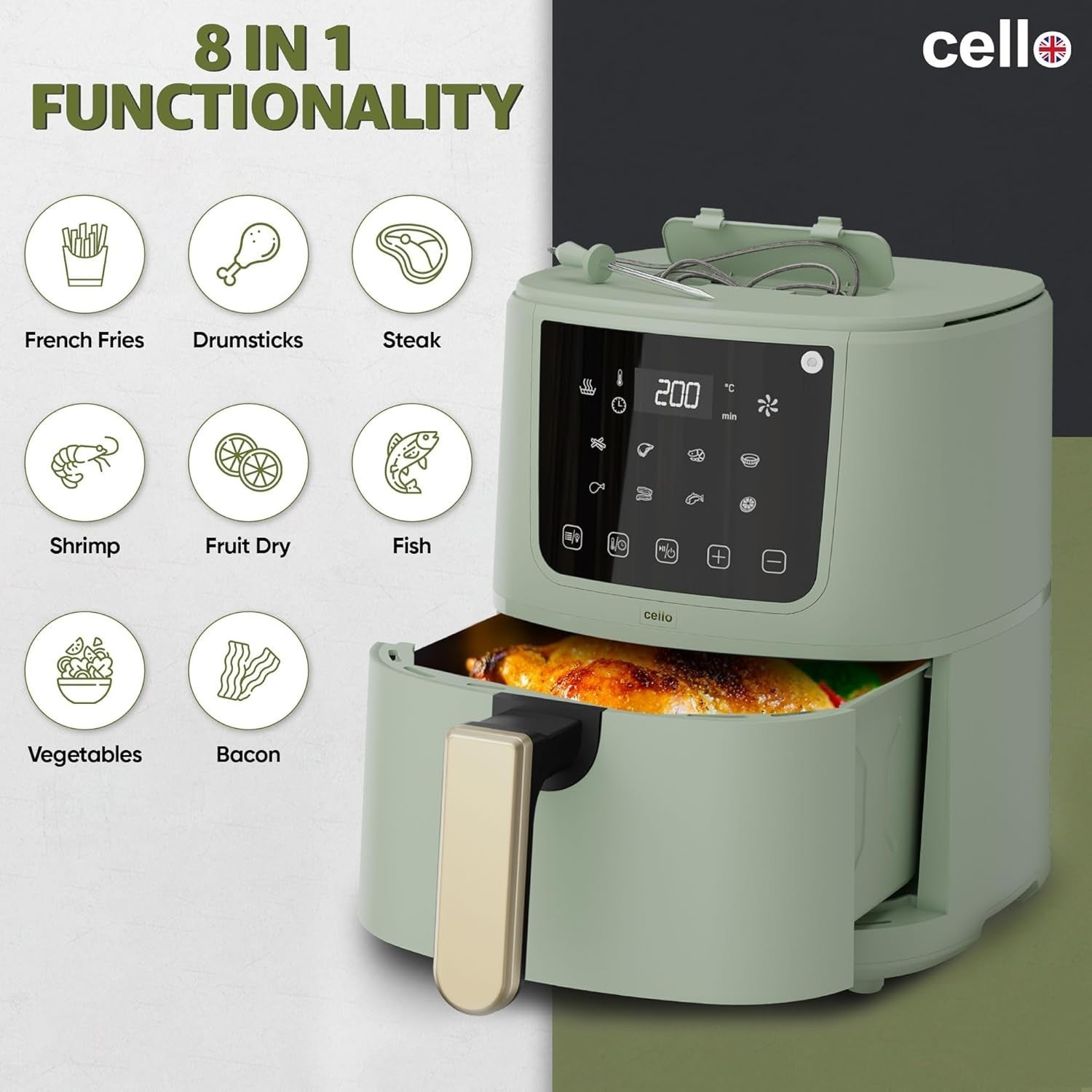 4L Green Digital Air Fryer 1400W | ProChef Thermometer | 8 Presets | Compact