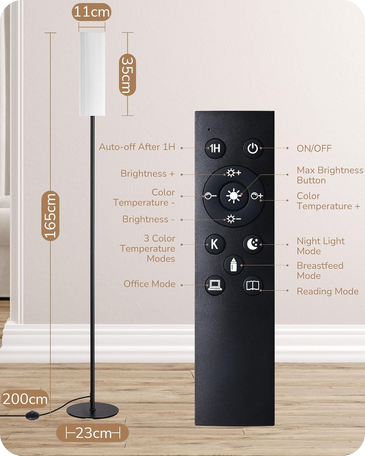 Dimmable Floor Lamp Remote Control Linen Shade Standing Light Black 165cm