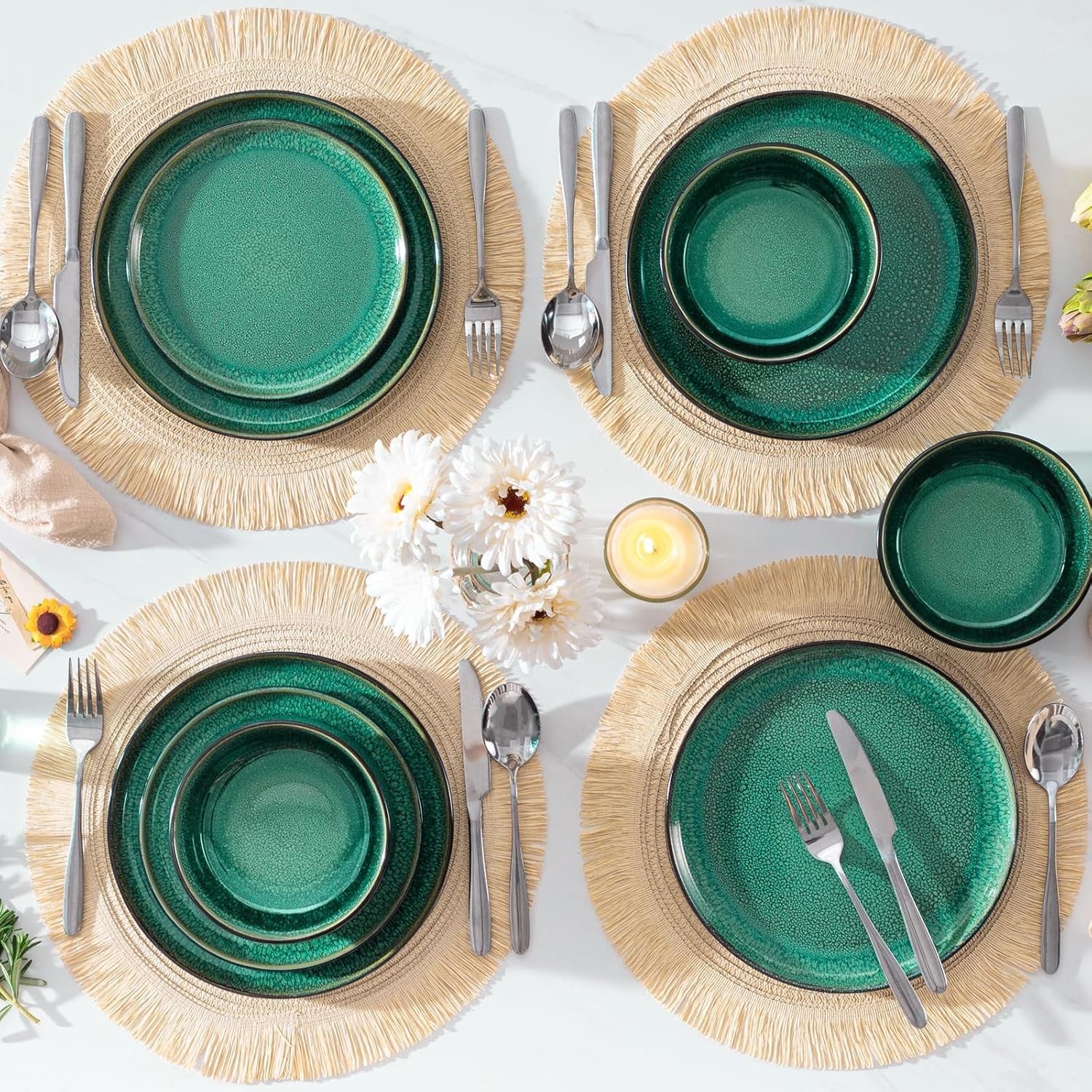 12pc Green Stoneware Dinner Set Reactive Glaze Plates Bowls Microwave Safe