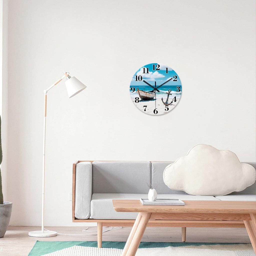 14" Coastal Beach Wall Clock Silent Non-Ticking Blue Ocean Boat Decor