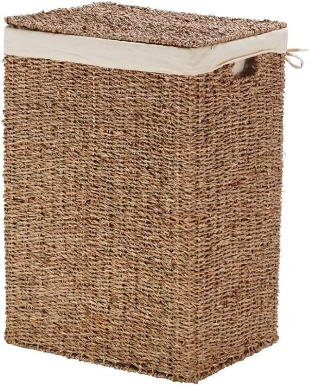 Seagrass Rattan Laundry Hamper with Lid 45x35x65cm Handwoven Basket Brown
