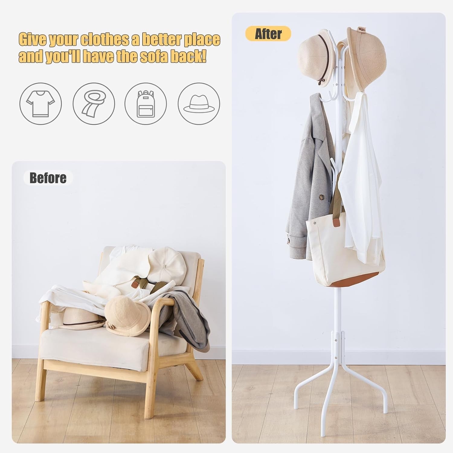White Freestanding Coat Rack with 12 Hooks | Metal Hat & Scarf Organizer