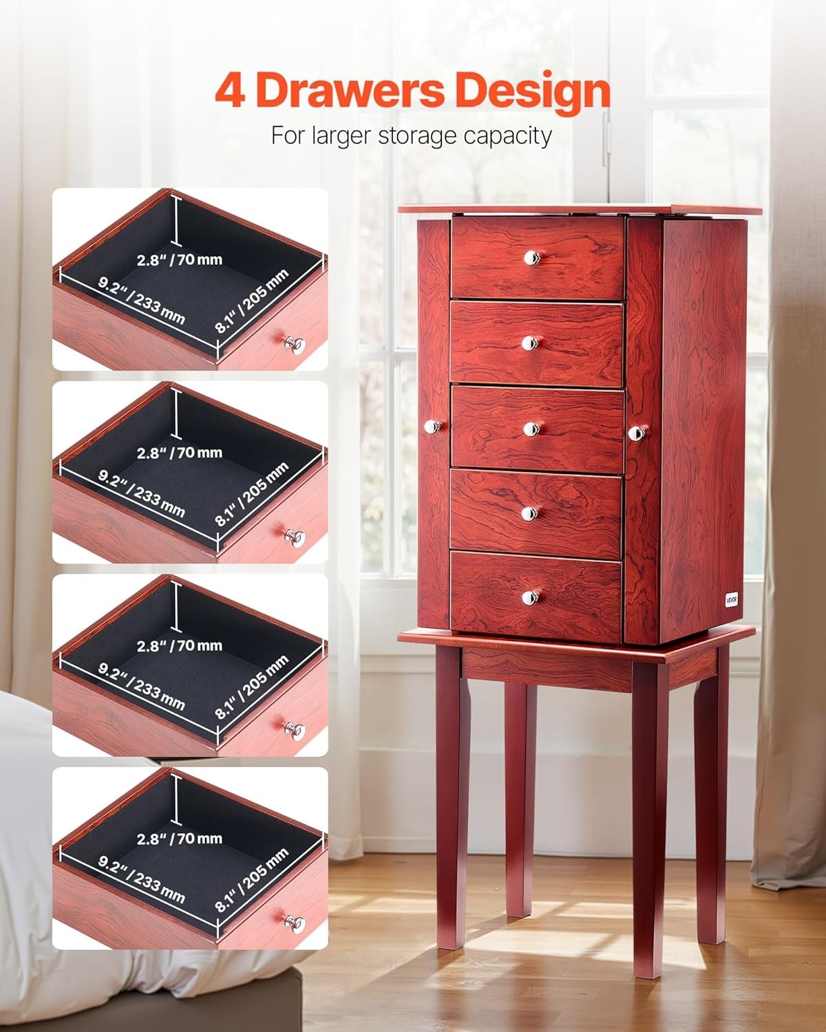 Standing Wooden Jewelry Armoire with Drawers Flip Top Mirror Necklace Doors