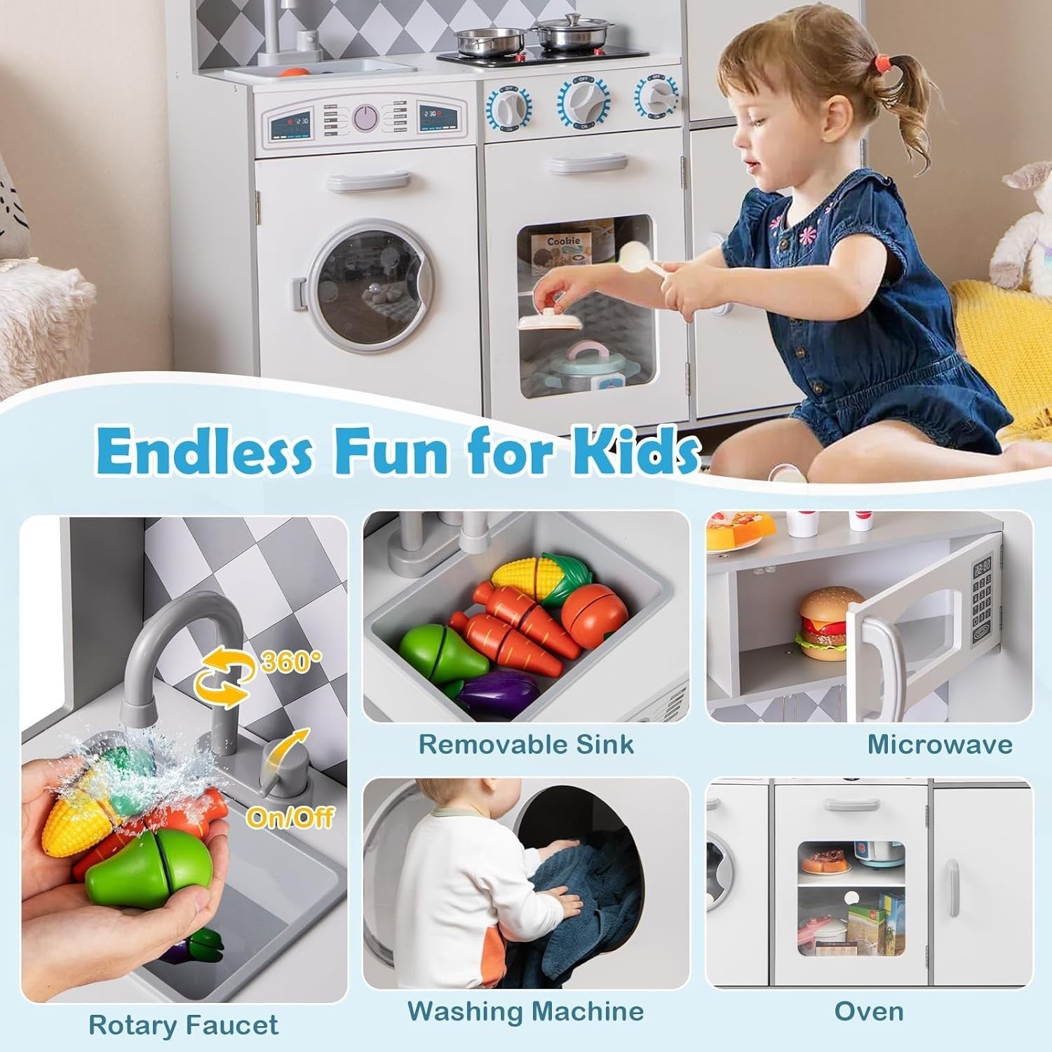 Large Wooden Kids Play Kitchen White Lights Sounds Toy Set