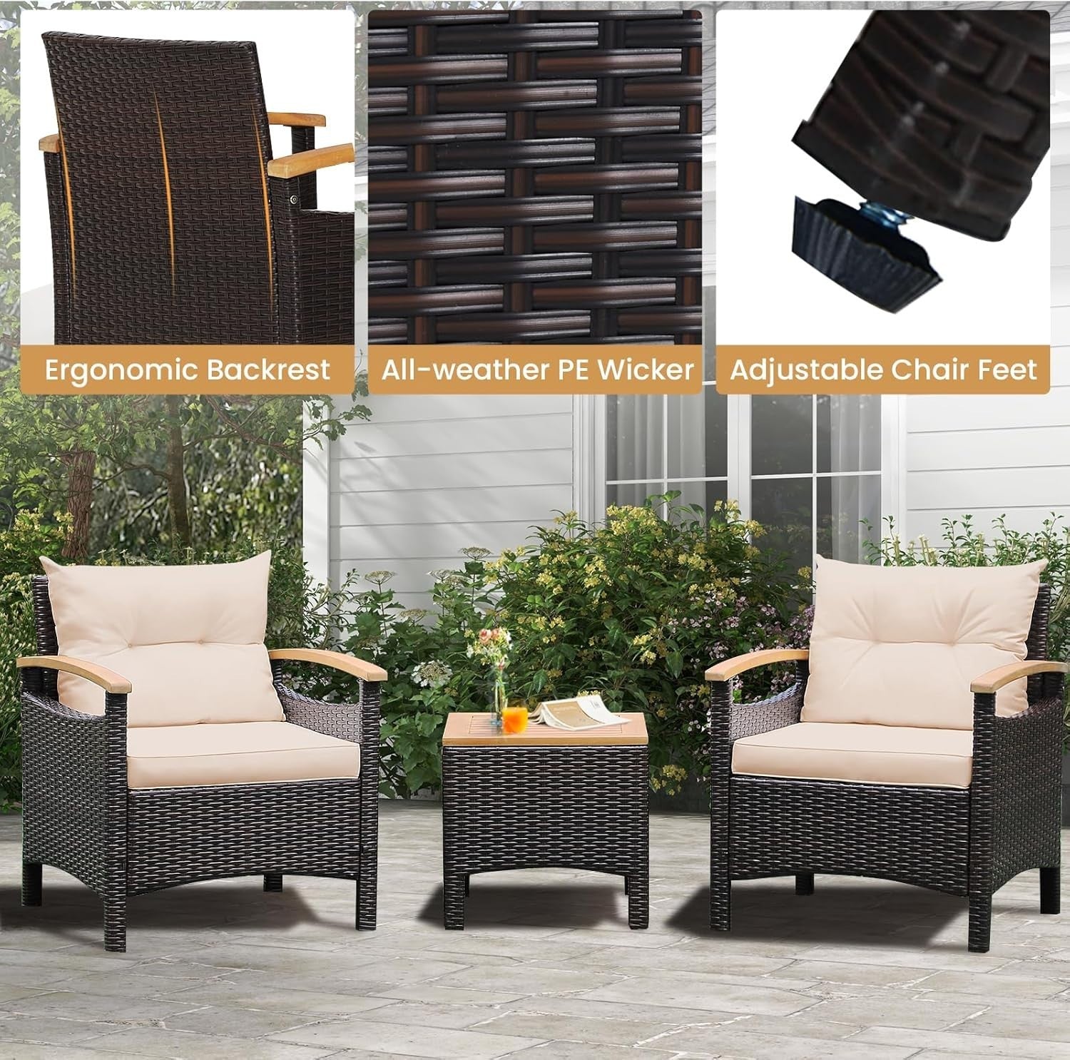 Outdoor Rattan Bistro Set 3-Piece Patio Sofa Table & Chairs with Cushions