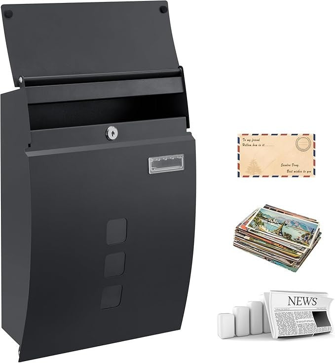 Wall Mounted Lockable Mailbox Black Steel Weatherproof Post Box 4 Keys