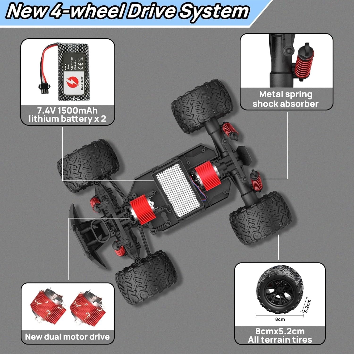 1:16 4WD High Speed RC Car 40KM/H Off-Road Monster Truck 2 Batteries for Kids
