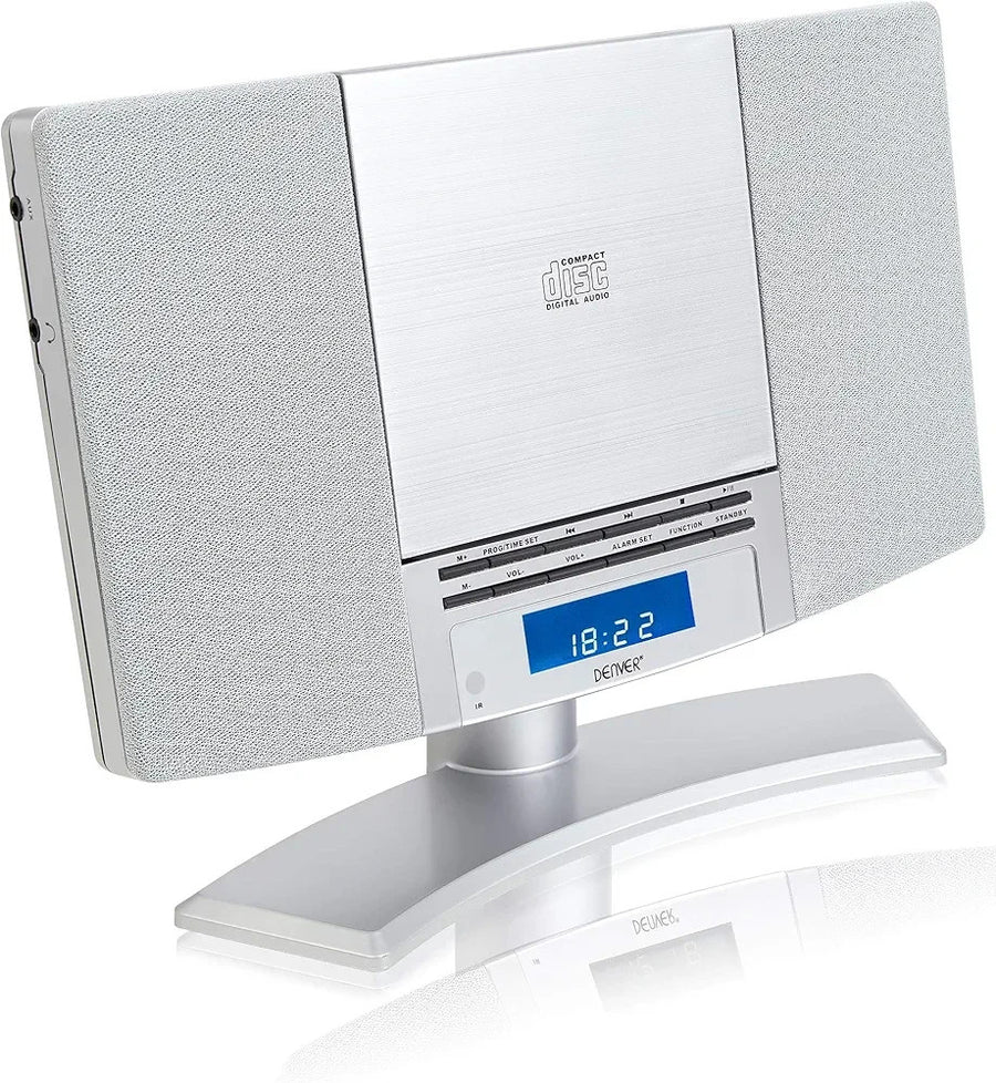 Mountable CD Player with FM Radio, Alarm Clock & Remote – Silver Hi-Fi System