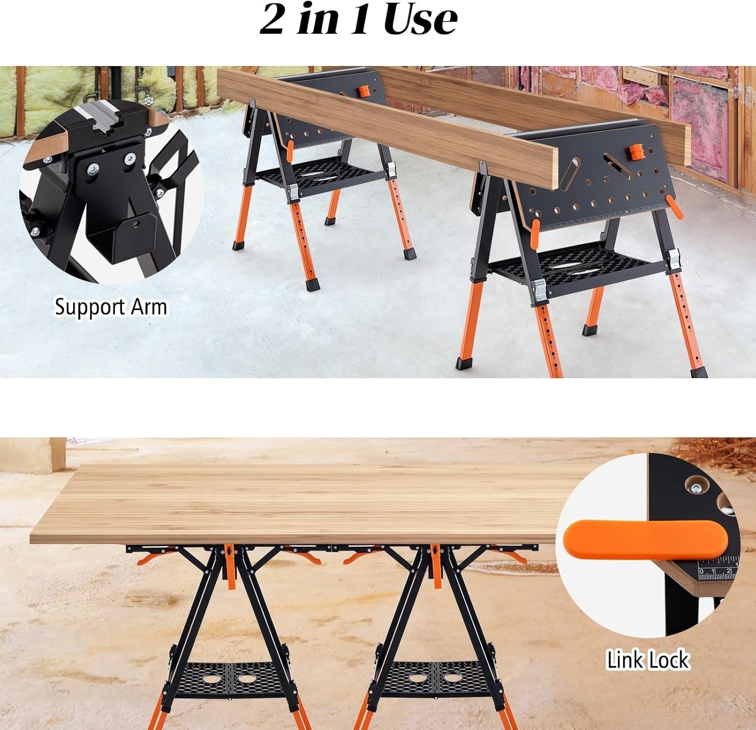Folding Workbench 8-Height Adjustable Flip-Top Table with Clamps & Shelf